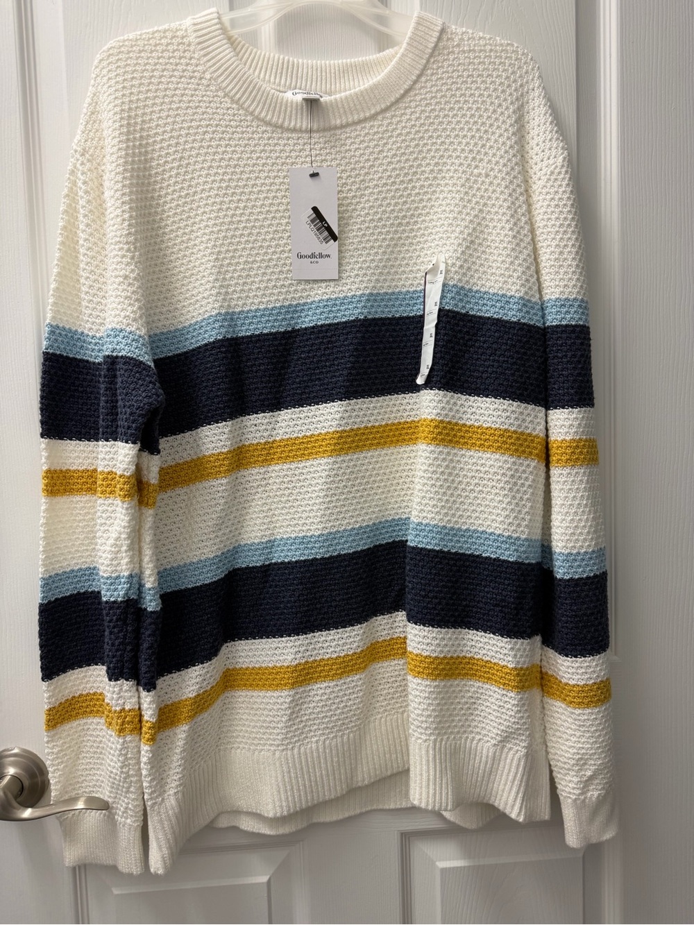 Goodfellow & Co Cream Crewneck Sweater with Navy, Light Blue & Mustard Stripes